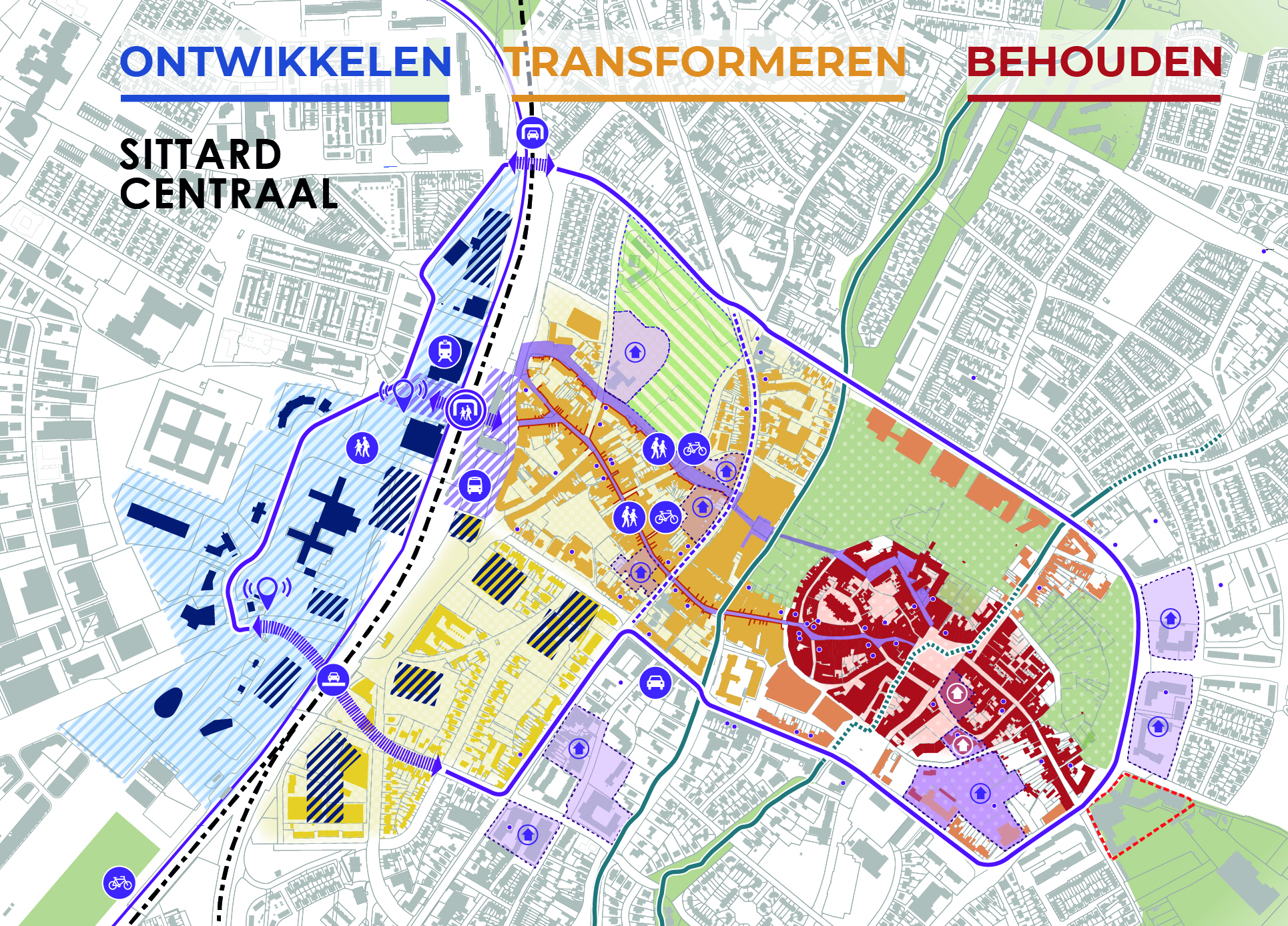 Kaart waarop is aangegeven welke gebieden ontwikkeld worden, getransformeerd of behouden blijven.