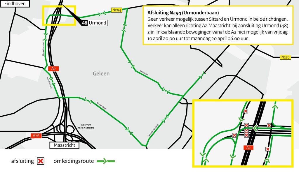 Afsluiting N294 (Urmonderbaan) Geen verkeer mogelijk tussen Sittard en Urmond in beide richtingen. Verkeer kan alleen richting Az Maastricht; bij aansluiting Urmond (48) zijn linksafslaande bewegingen vanaf de A2 niet mogelijk van vrijdag 10 april 20.00 uur tot maandag 20 april 06.00 uur.