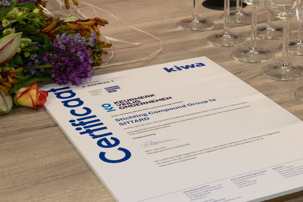 Het certificaat van Keurmerk Veilig Ondernemen Bedrijventerreinen voor de Stichting Compound Group in Sittard.
